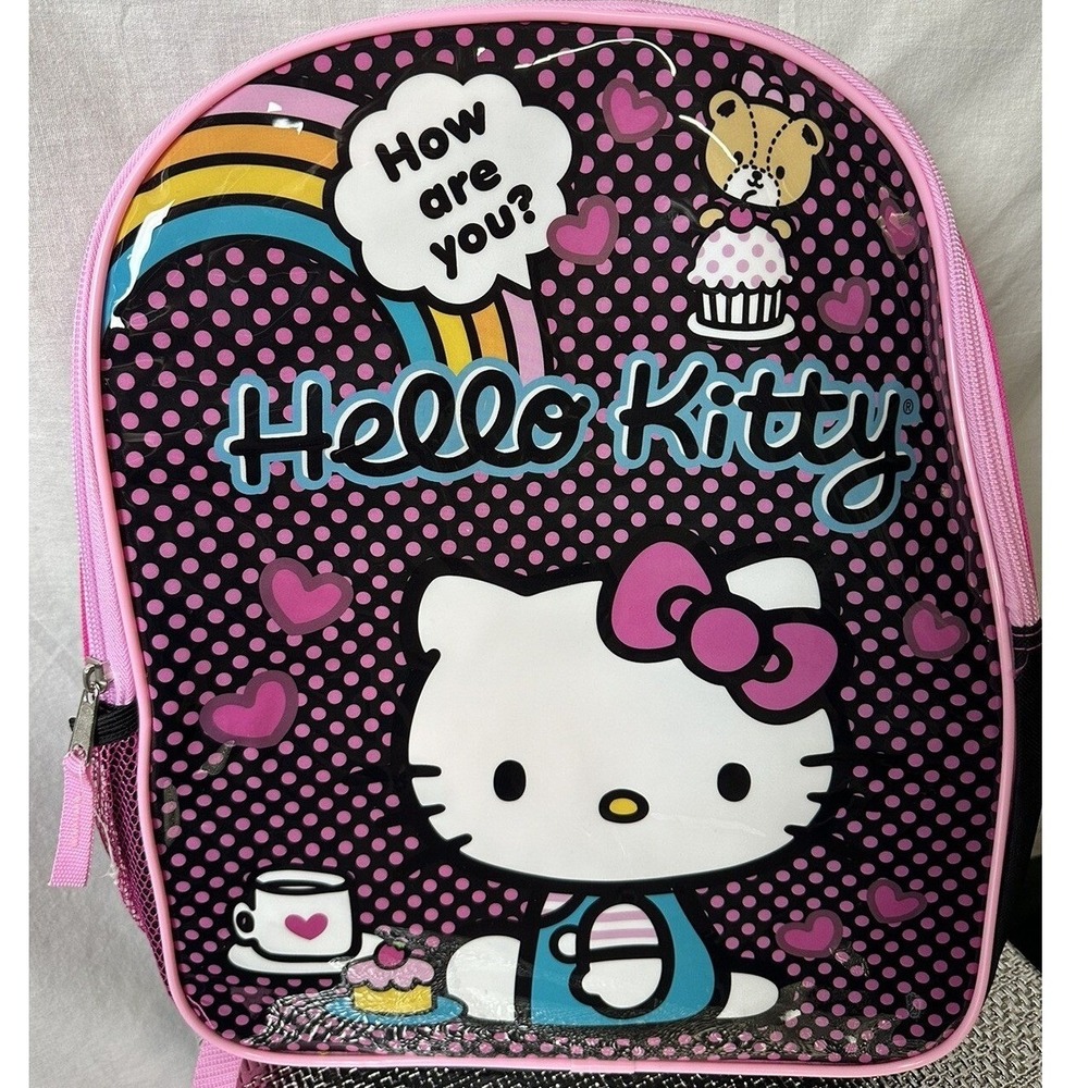 Sanrio Hello Kitty Kids Backpack Pink Black Rainbow Hearts Polka Dot Graphic